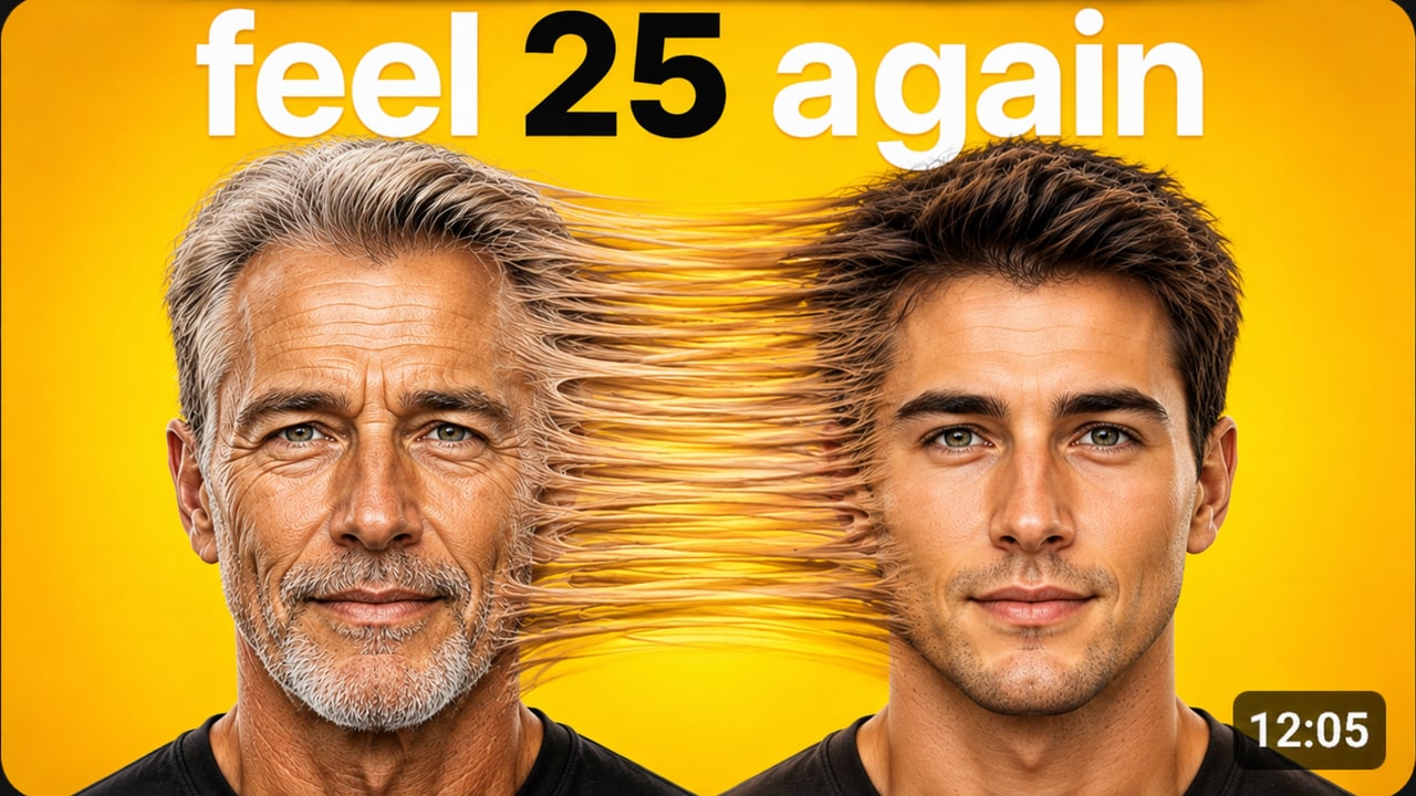 YouTube thumbnail design sample (winning version) for the video "The Routine That Made Me Feel 25 Again" by an anonymized longevity & health channel · 1.4m subs, designed by ClickTheory