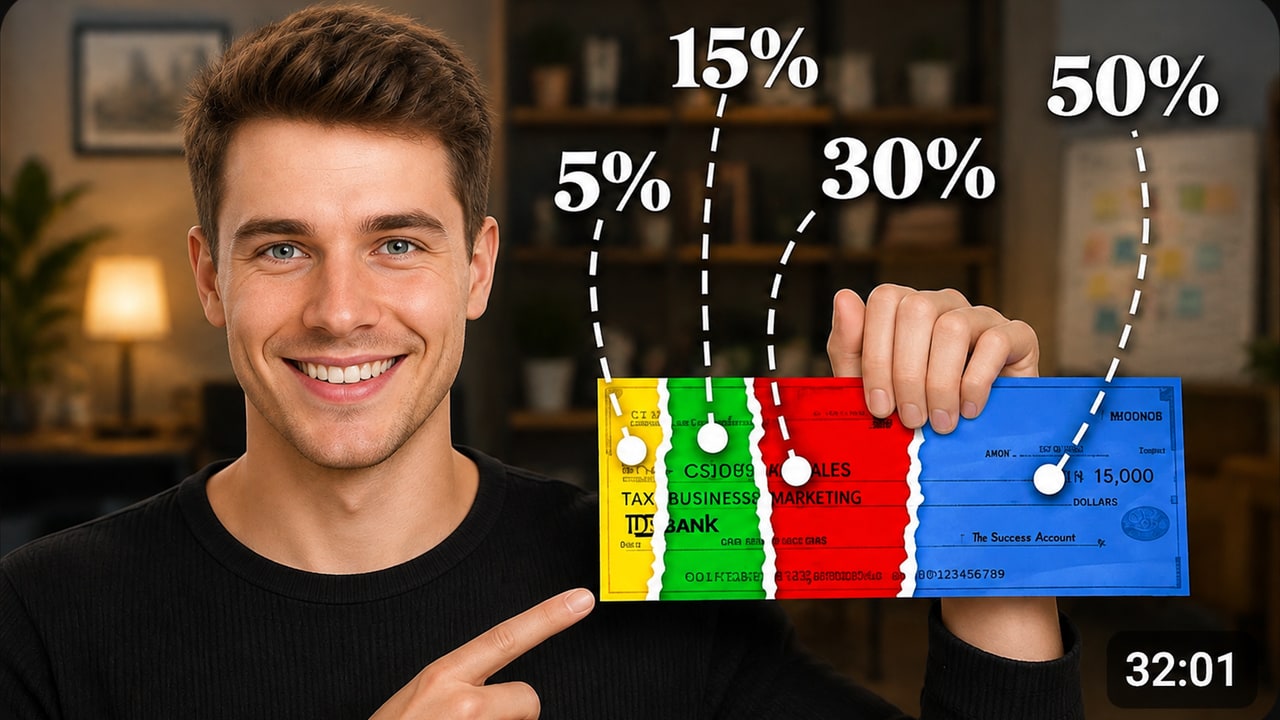 YouTube thumbnail design sample (winning version) for the video "Where Your Business Income Actually Goes" by an anonymized money management channel · 750k subs, designed by ClickTheory