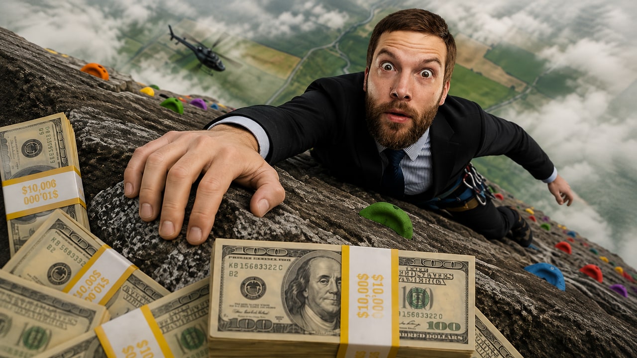 YouTube thumbnail design sample (winning version) for the video "I Risked Everything for This Payout" by an anonymized finance creator · 2.1m subs, designed by ClickTheory