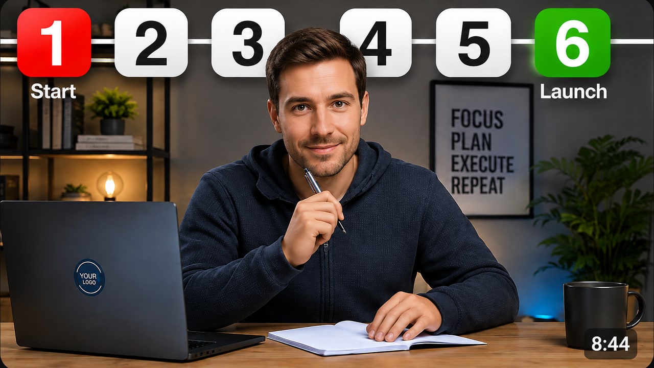YouTube thumbnail design sample (winning version) for the video "The 6-Step Framework I Used to Launch My Business" by an anonymized business creator · 1.6m subs, designed by ClickTheory