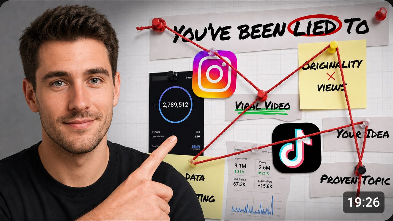 YouTube thumbnail design sample (winning version) for the video "You've Been Lied To About Going Viral" by an anonymized creator growth channel · 890k subs, designed by ClickTheory